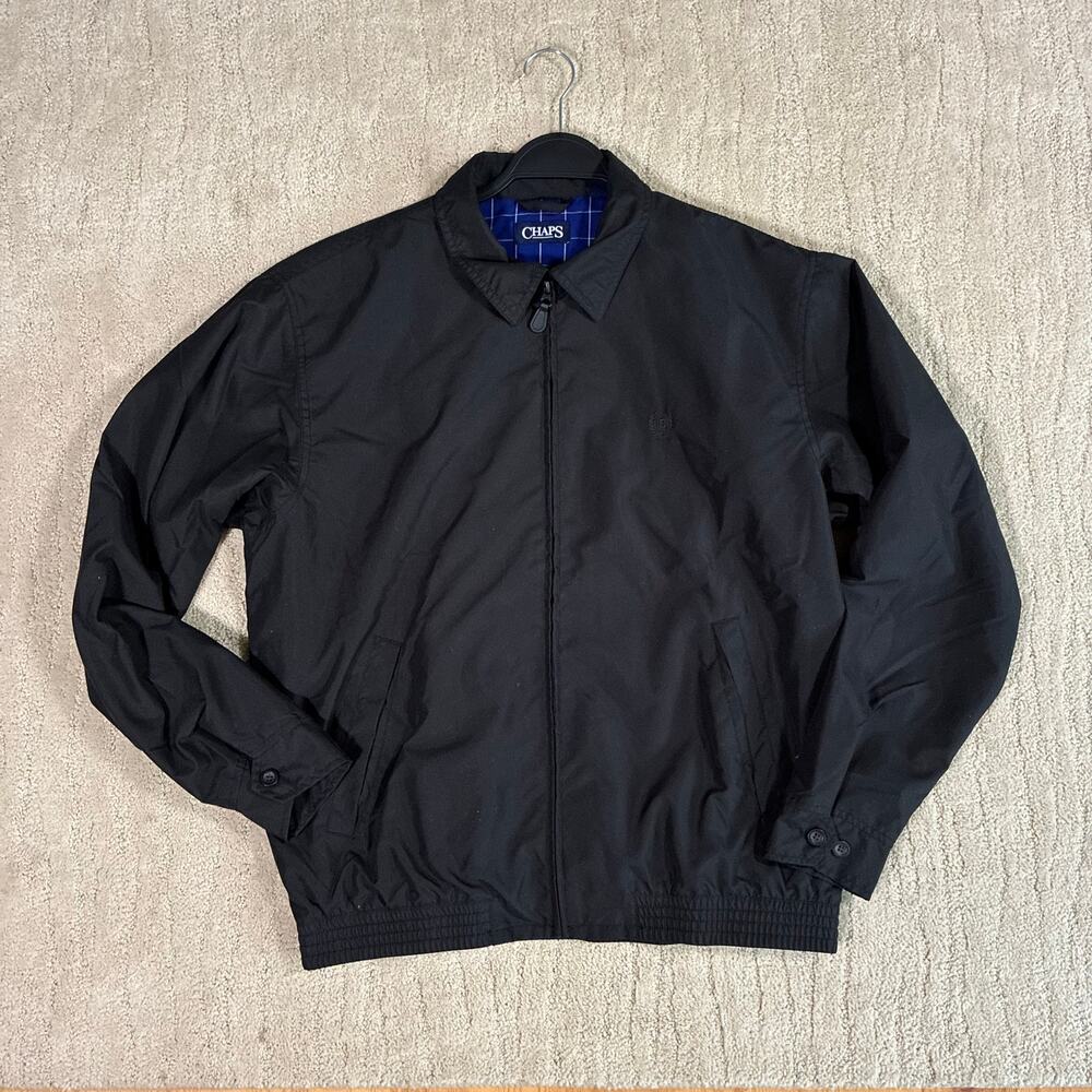 Chaps Ralph Lauren Men M Black Harrington Jacket Blue Plaid Lined Bomber Preppy